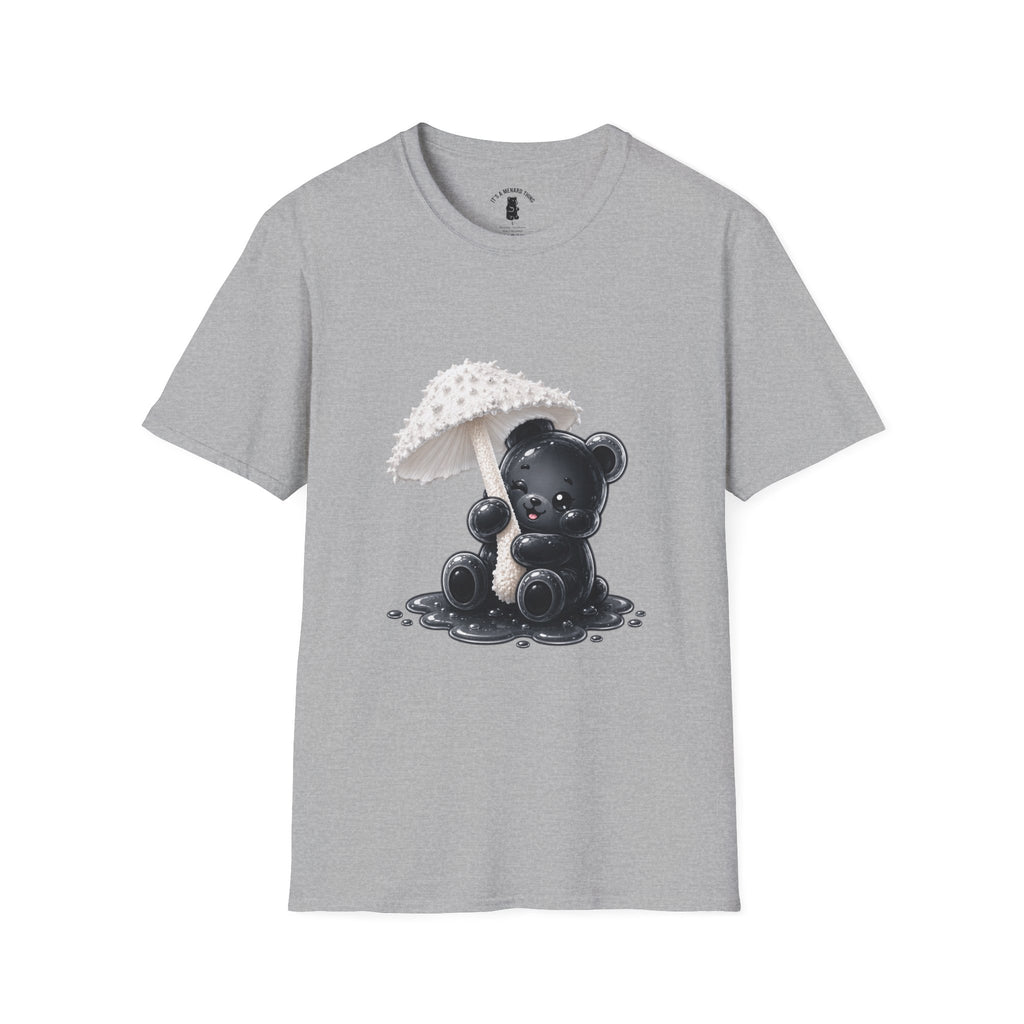 Beautiful Veiled White Mushroom, Black Oozy Bear Gummy Friend- Graphic Shirt