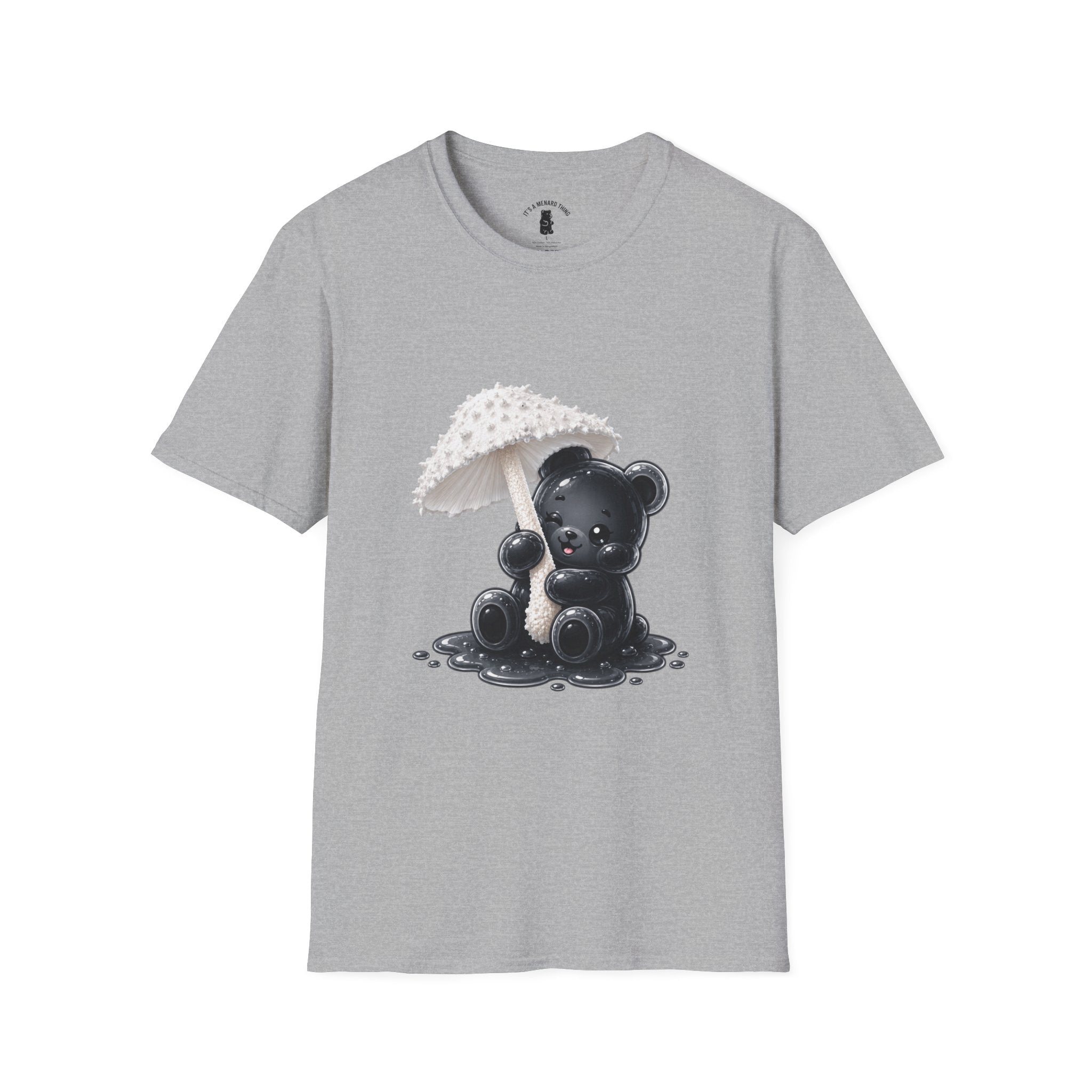 Beautiful Veiled White Mushroom, Black Oozy Bear Gummy Friend- Graphic Shirt