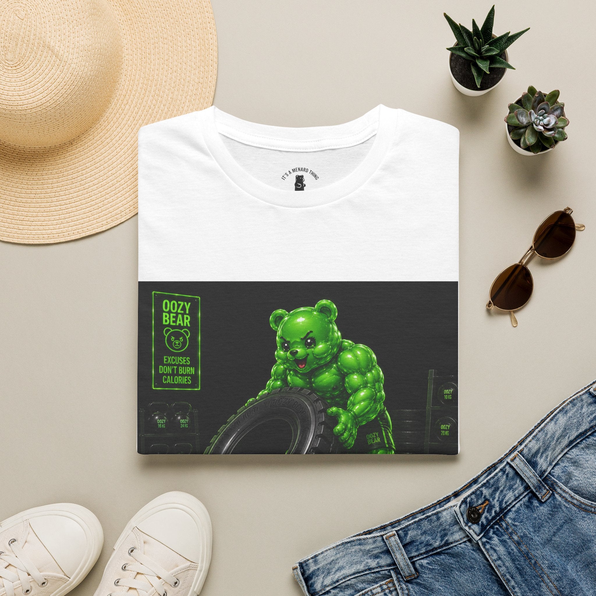 Tire Flipping Work Out, Emerald Oozy Buff Bear Gym Addition- Adult Graphic Shirt