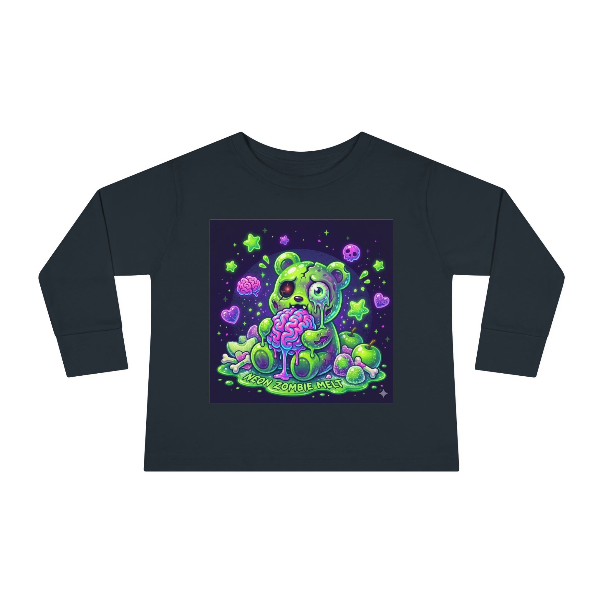 Neon Zombie Oozy Bear Gummy Halloween Addition- Kids Graphic Long Sleeve Shirt