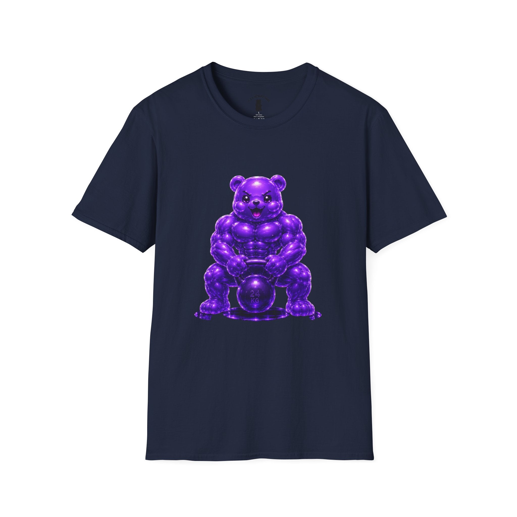 Brawny Violet Oozy Buff Bear with Kettleball Weight- Adult Graphic Shirt (18+)