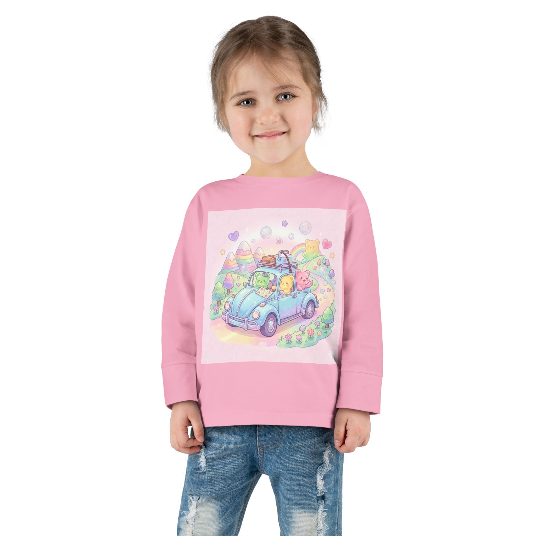 Pastel Car Ride Trip, Oozy Bear Group Friends- Graphic Long Sleeve Shirt