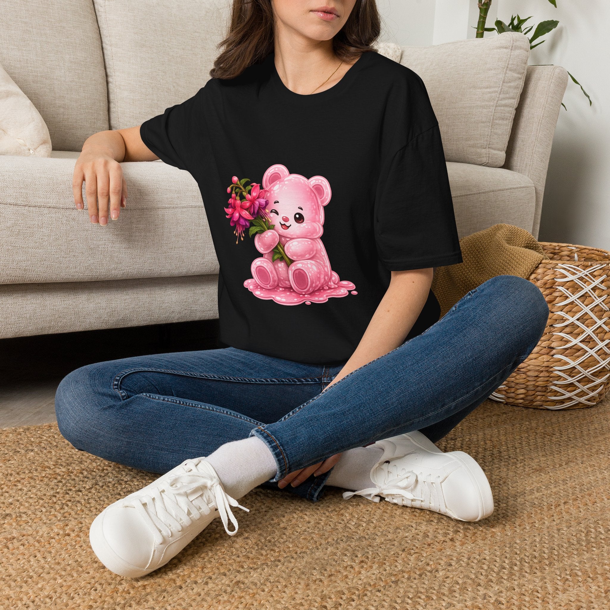 Tropical Pink Flowers, Pretty Pale Oozy Bear Friend- Graphic Shirt