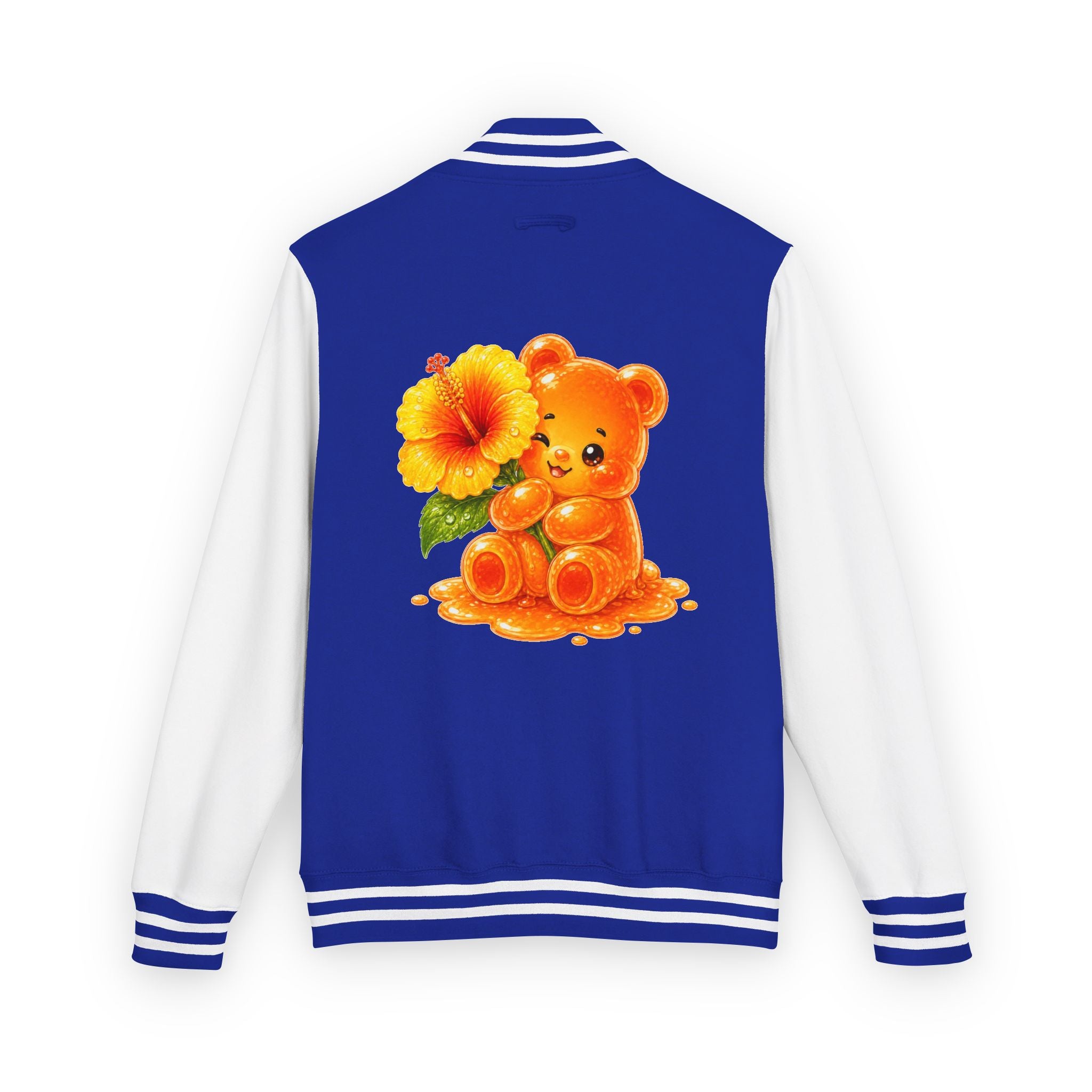 Golden Hibiscus, Yellow Gooey Gummy Bear Friend- Kawaii Varsity Jacket