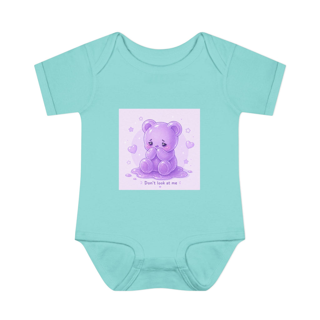 Purple Gooey Gummy Shy bear Baby Bodysuit - "Don't Look at Me" Cute Infant Onesie