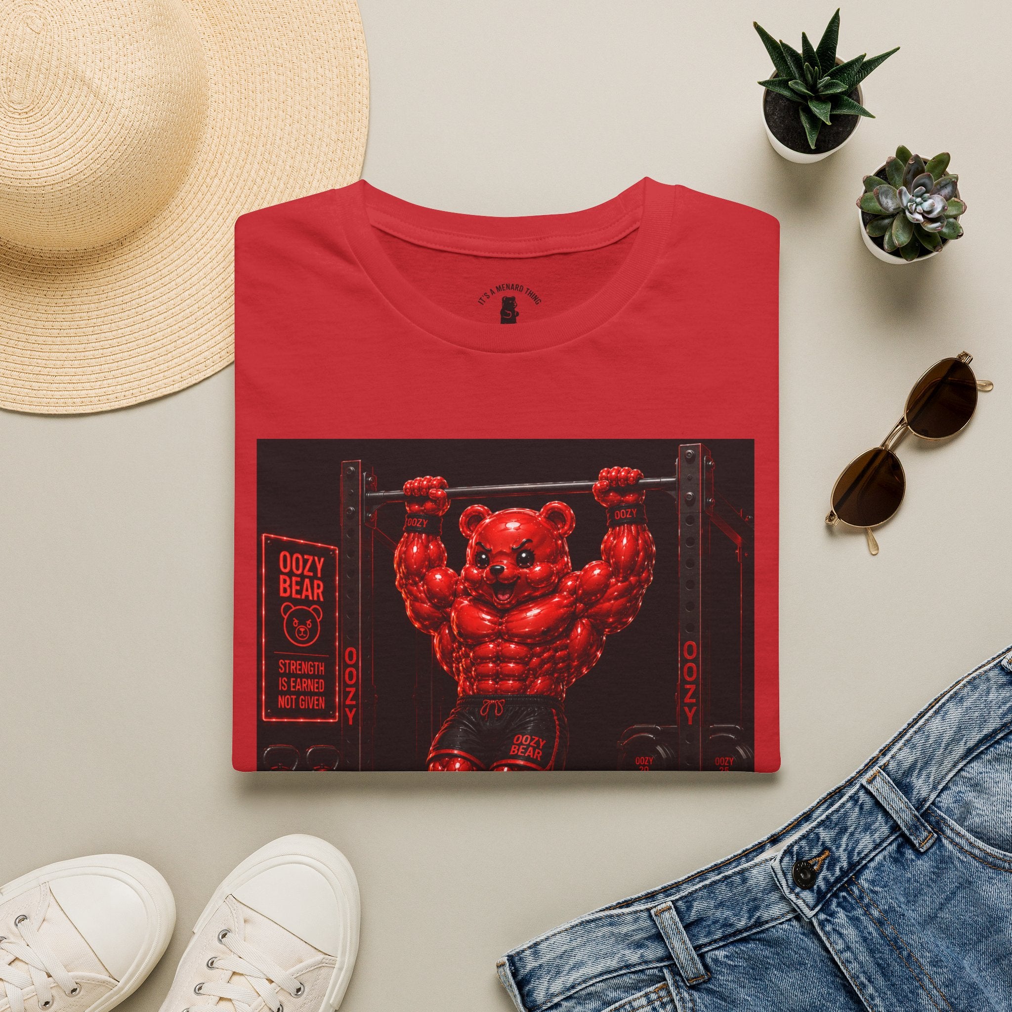 Bar Lifting Fitness Workout, Crimson Oozy Buff Bear Gummy Gym Addition- Adult Graphic Shirt