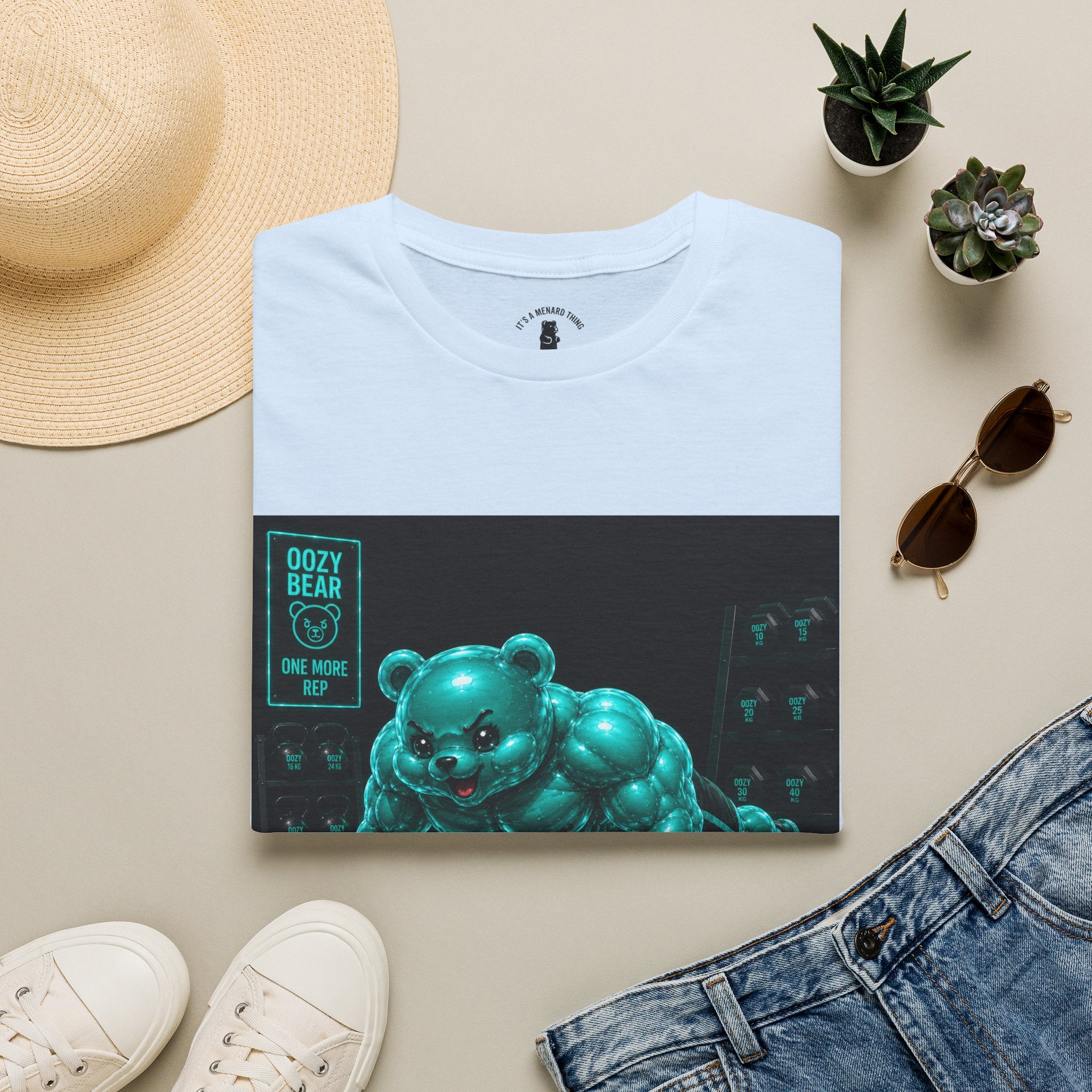 Neon Fitness Push Ups, Teal Oozy Buff Bear Gummy Gym Addition- Adult Graphic Shirt