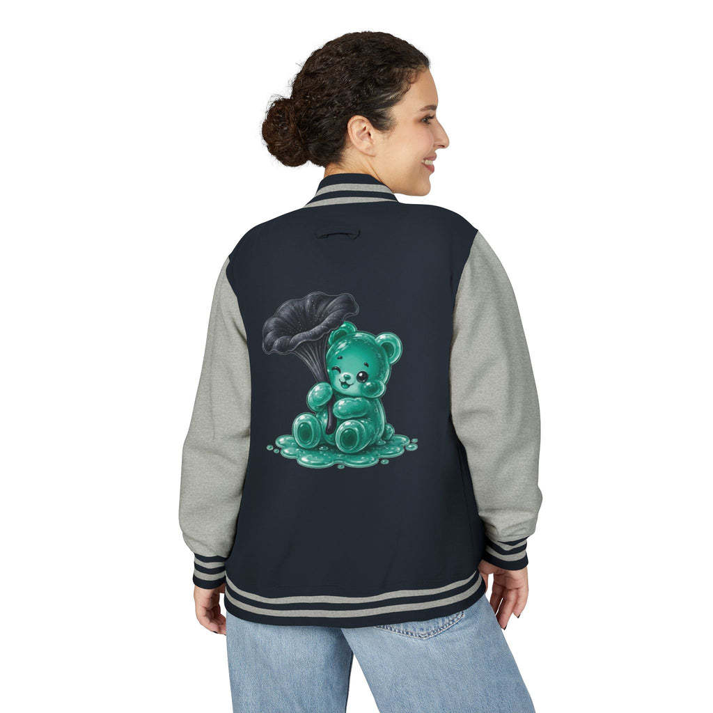 Black Trumpet Mushroom, Teal Oozy Bear Gummy Friend- Letterman Graphic Jacket