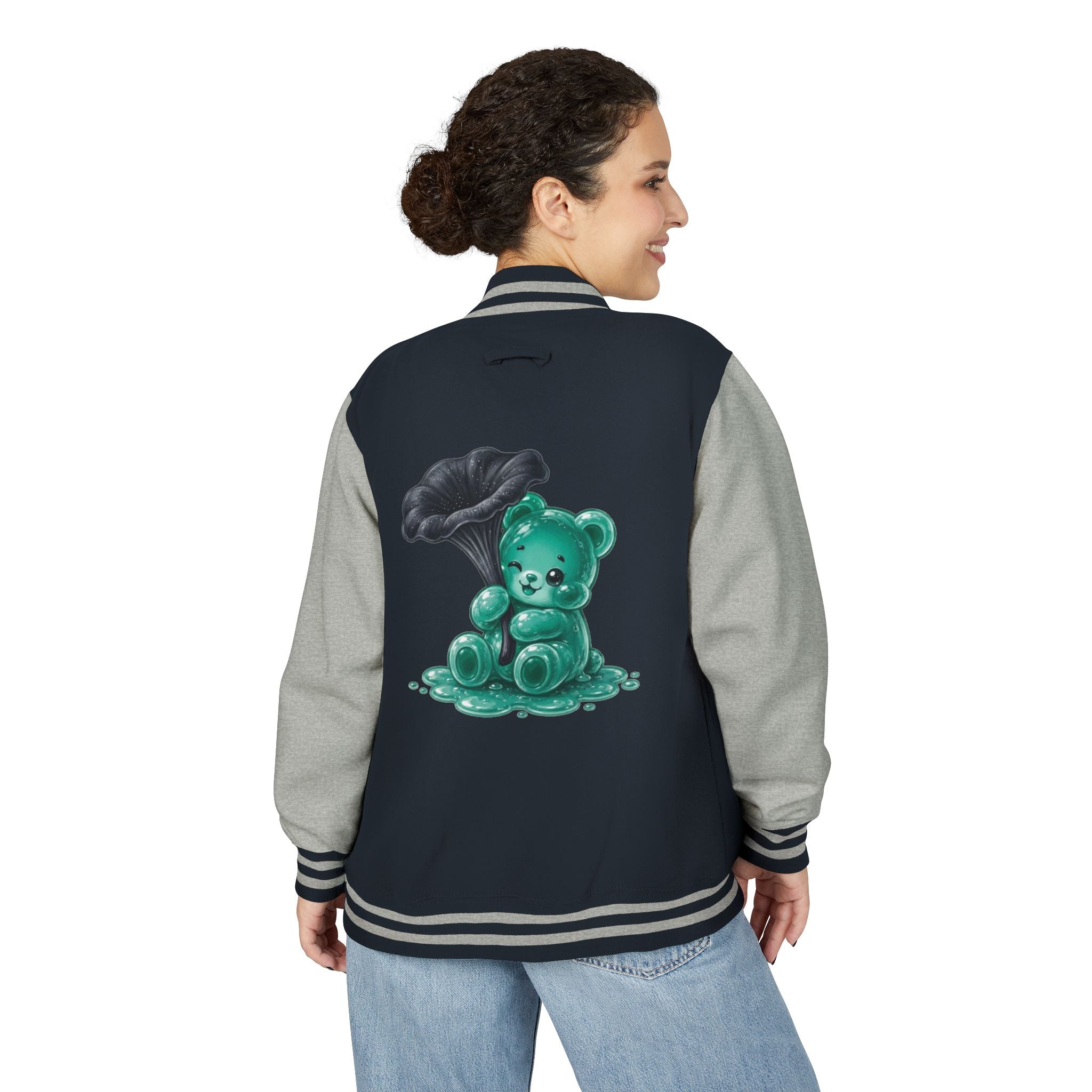Black Trumpet Mushroom, Teal Oozy Bear Gummy Friend- Letterman Graphic Jacket