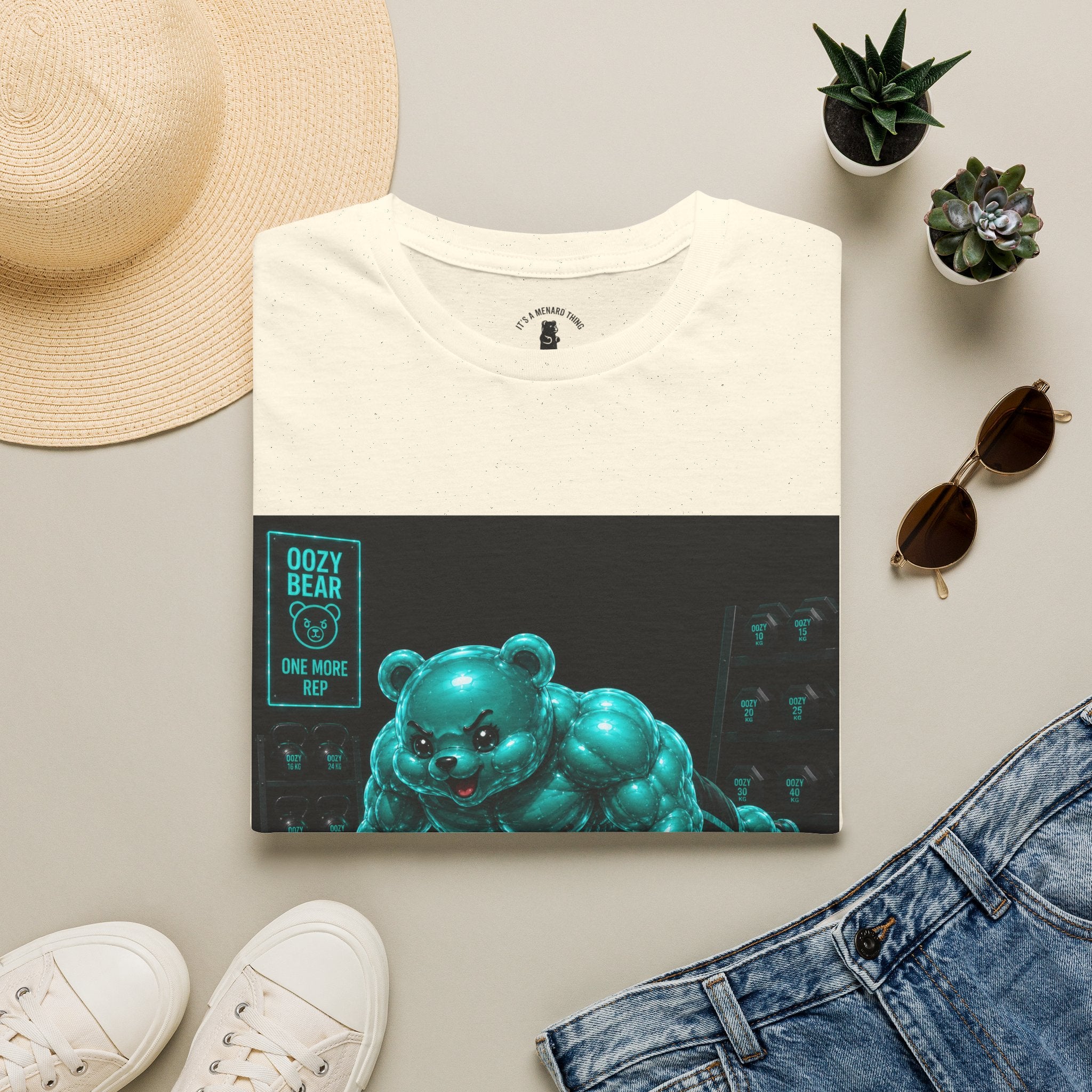 Neon Fitness Push Ups, Teal Oozy Buff Bear Gummy Gym Addition- Adult Graphic Shirt