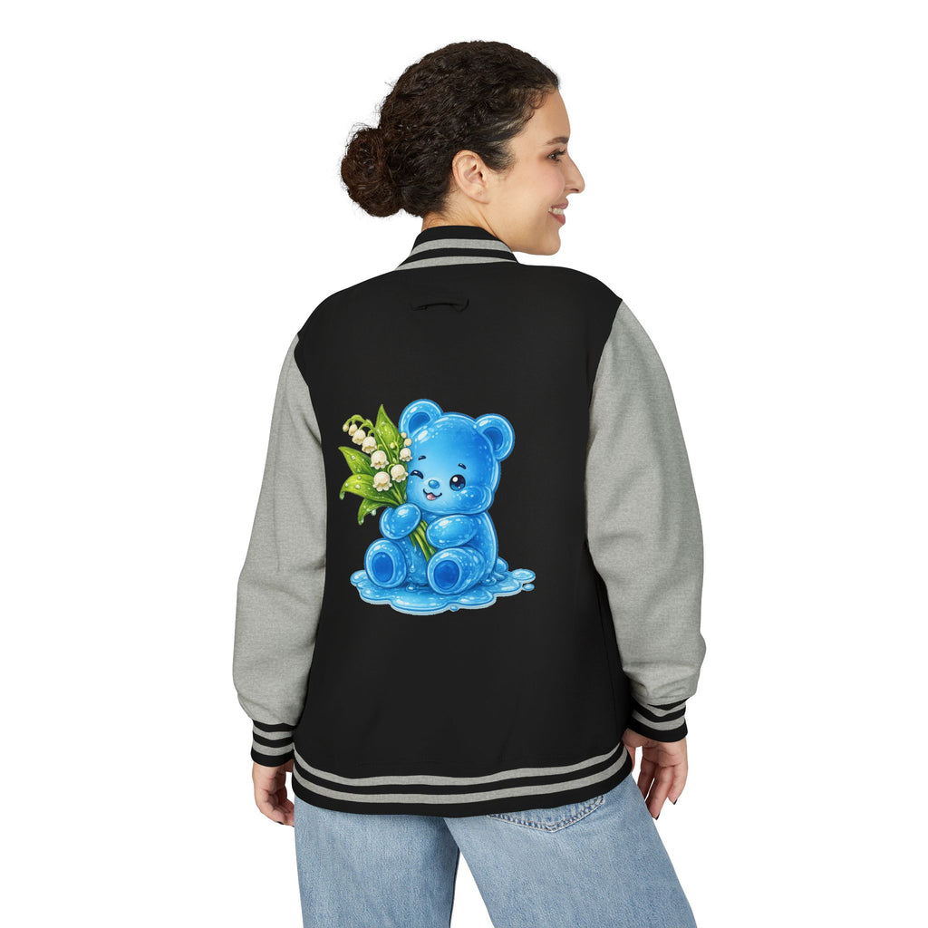 Lilies Of The Valley, Blue Gooey Gummy Bear- Kawaii Graphic Varsity Jacket