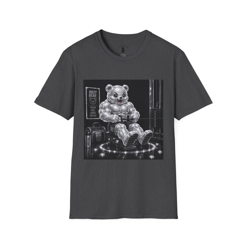 Working on the Bench, Silver Oozy Buff Bear Gummy Gym Addition- Adult Graphic Shirt