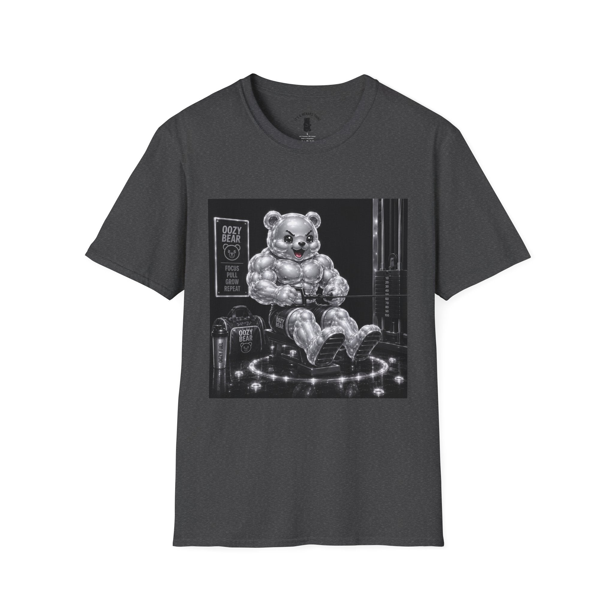 Working on the Bench, Silver Oozy Buff Bear Gummy Gym Addition- Adult Graphic Shirt