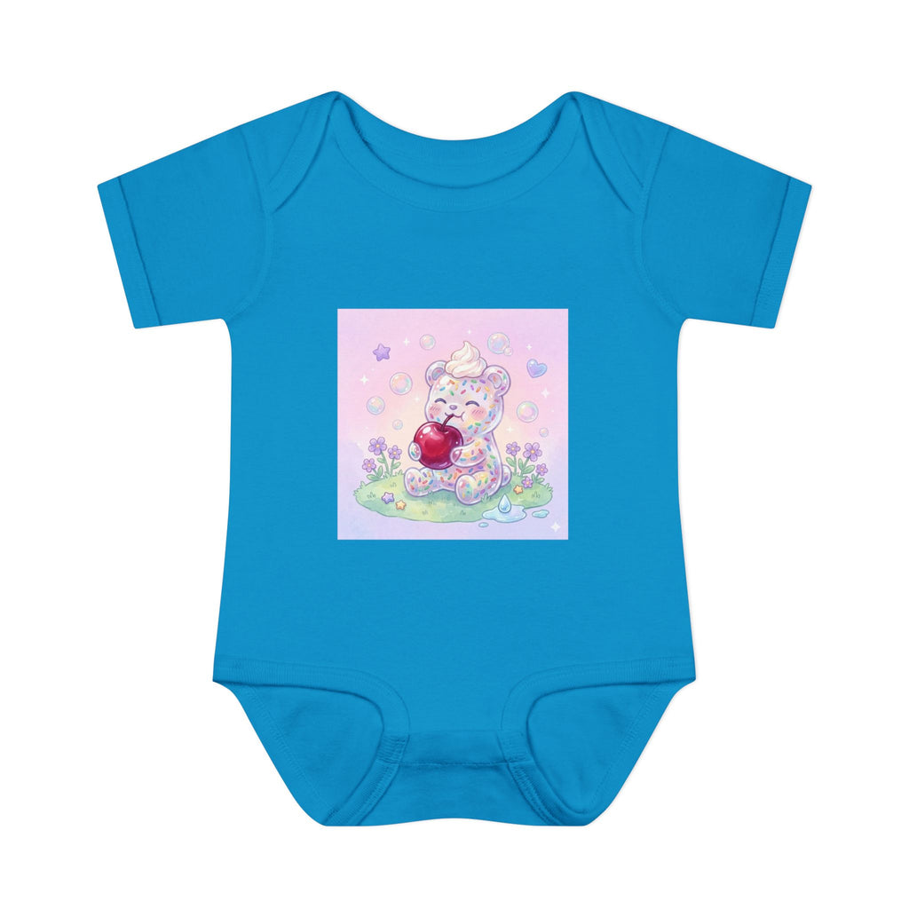 Gooey Gummy Birthday Sprinkles Cake bear eating a Cherry- Infant Onesie
