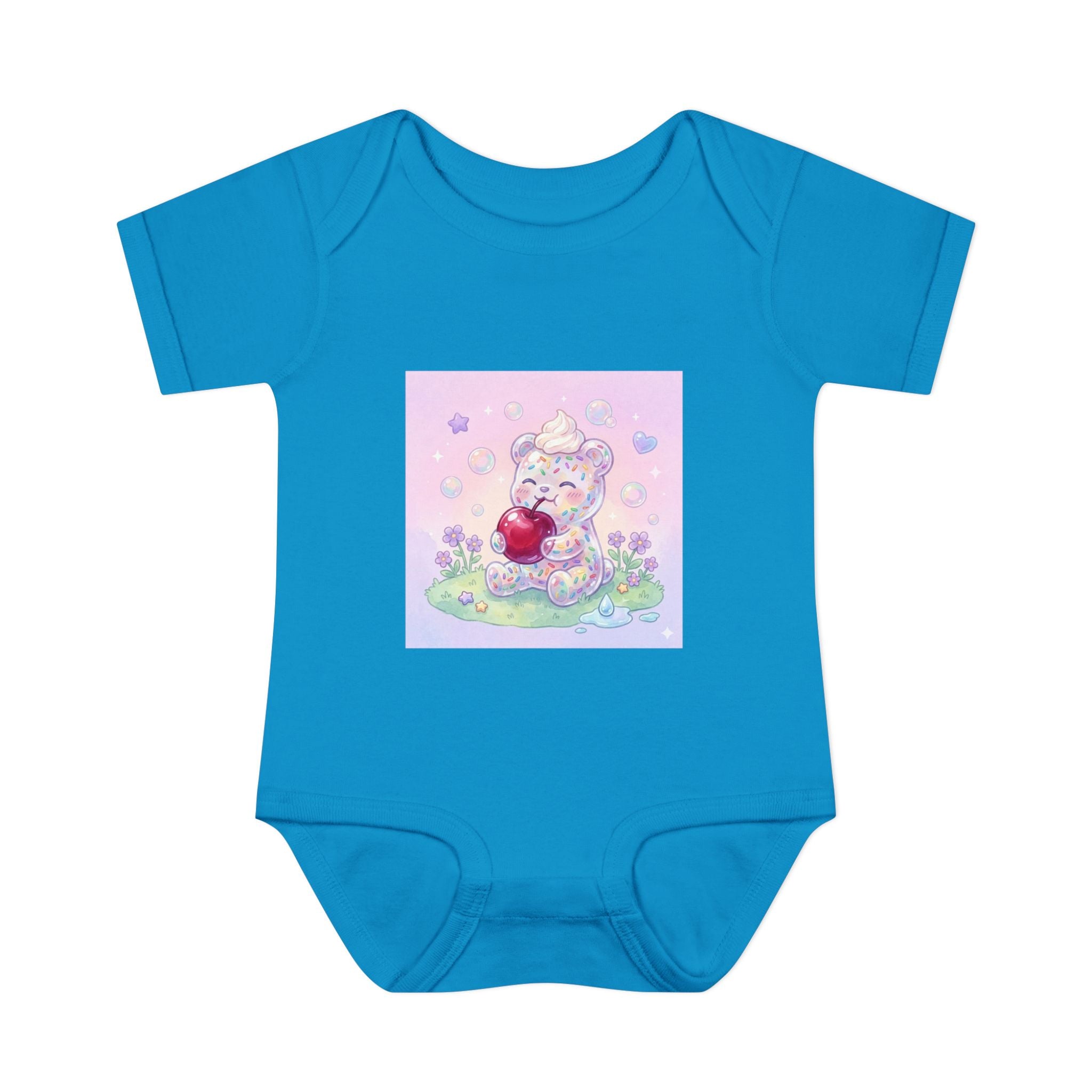 Gooey Gummy Birthday Sprinkles Cake bear eating a Cherry- Infant Onesie