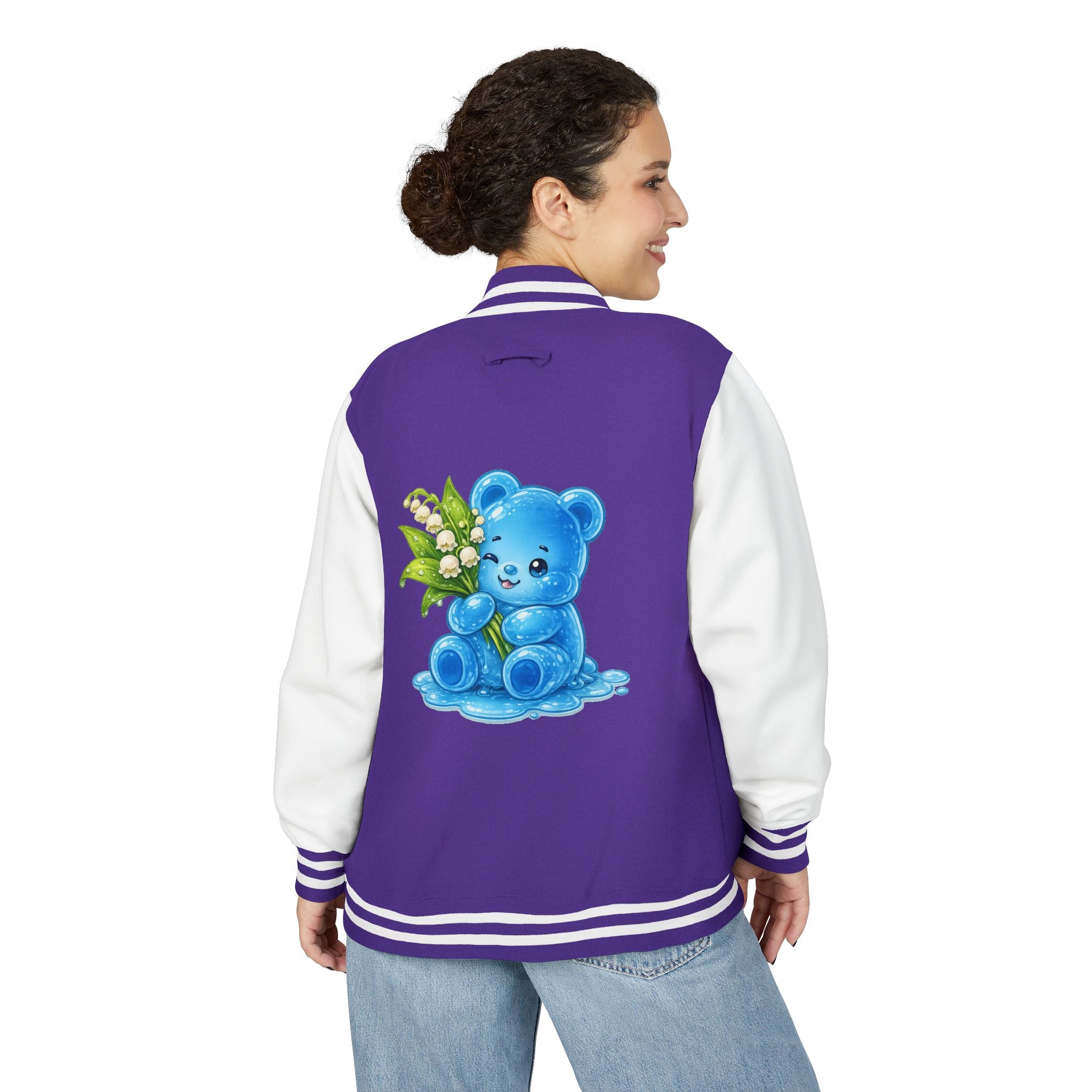 Lilies Of The Valley, Blue Gooey Gummy Bear- Kawaii Graphic Varsity Jacket
