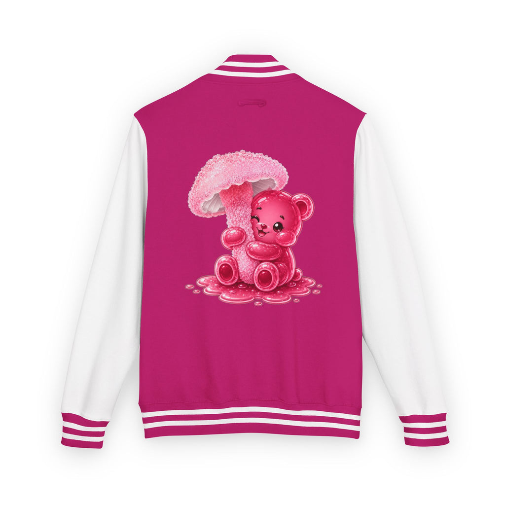 Pretty Pink Mushroom, Gooey Gummy Bear Friend —  Kawaii Graphic Varsity Jacket