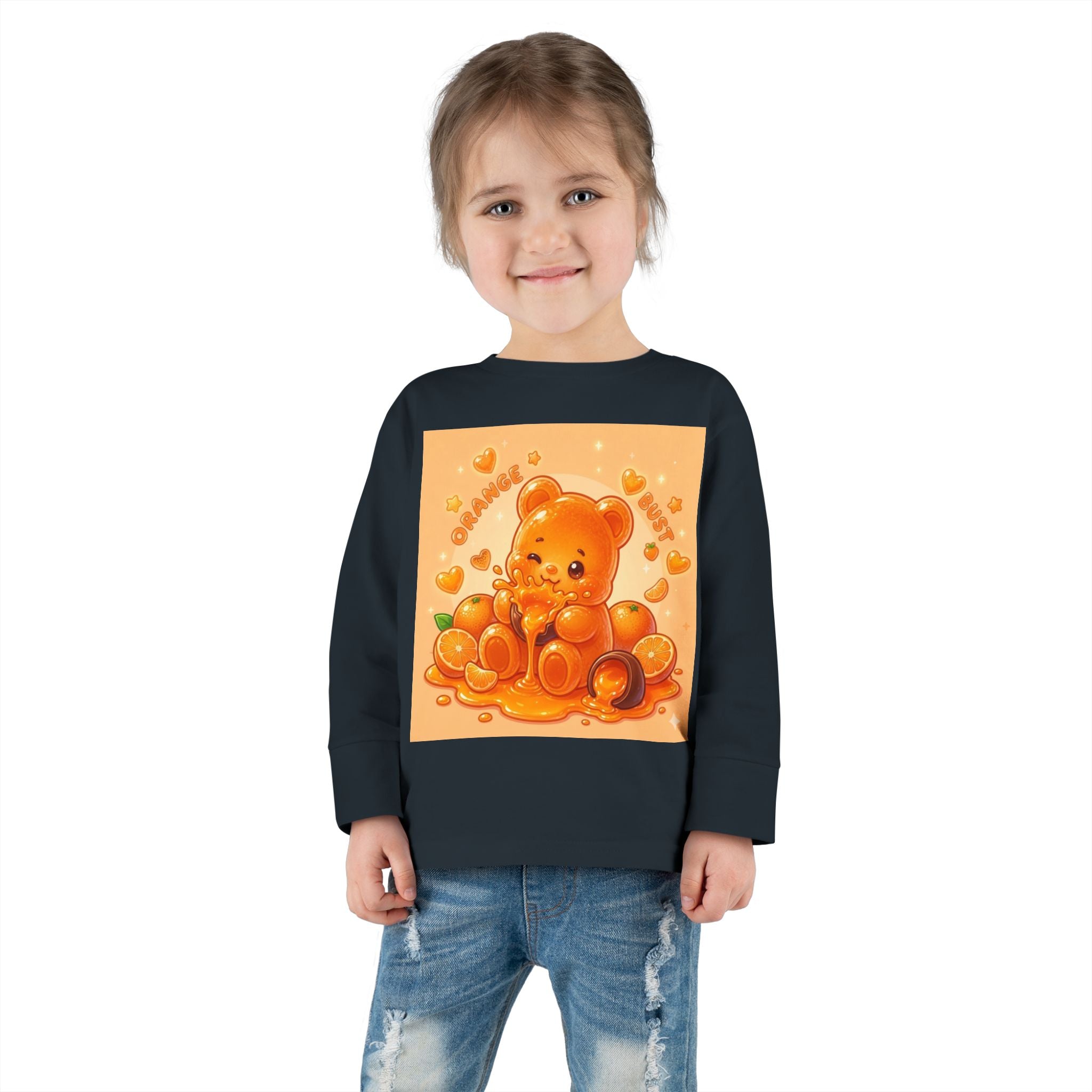 Sweet Ripe Orange, Oozy Fruit Gummy Bear Friend- Kids Long Sleeve Graphic Shirt
