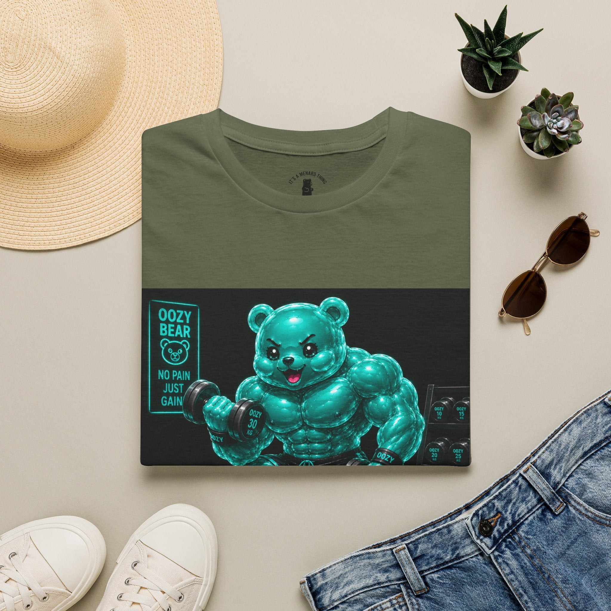 Working Out, Teal Oozy Buff Bear Gummy Gym Addition- Adult Graphic Shirt