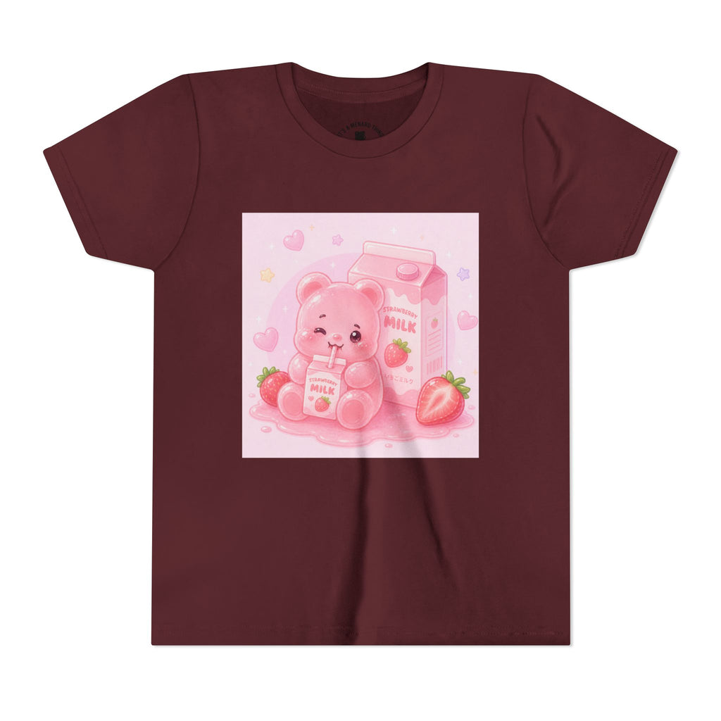 Kids' Pink Strawberry Milk Gooey Gummy Bear— Cute Youth Short Sleeve Shirt