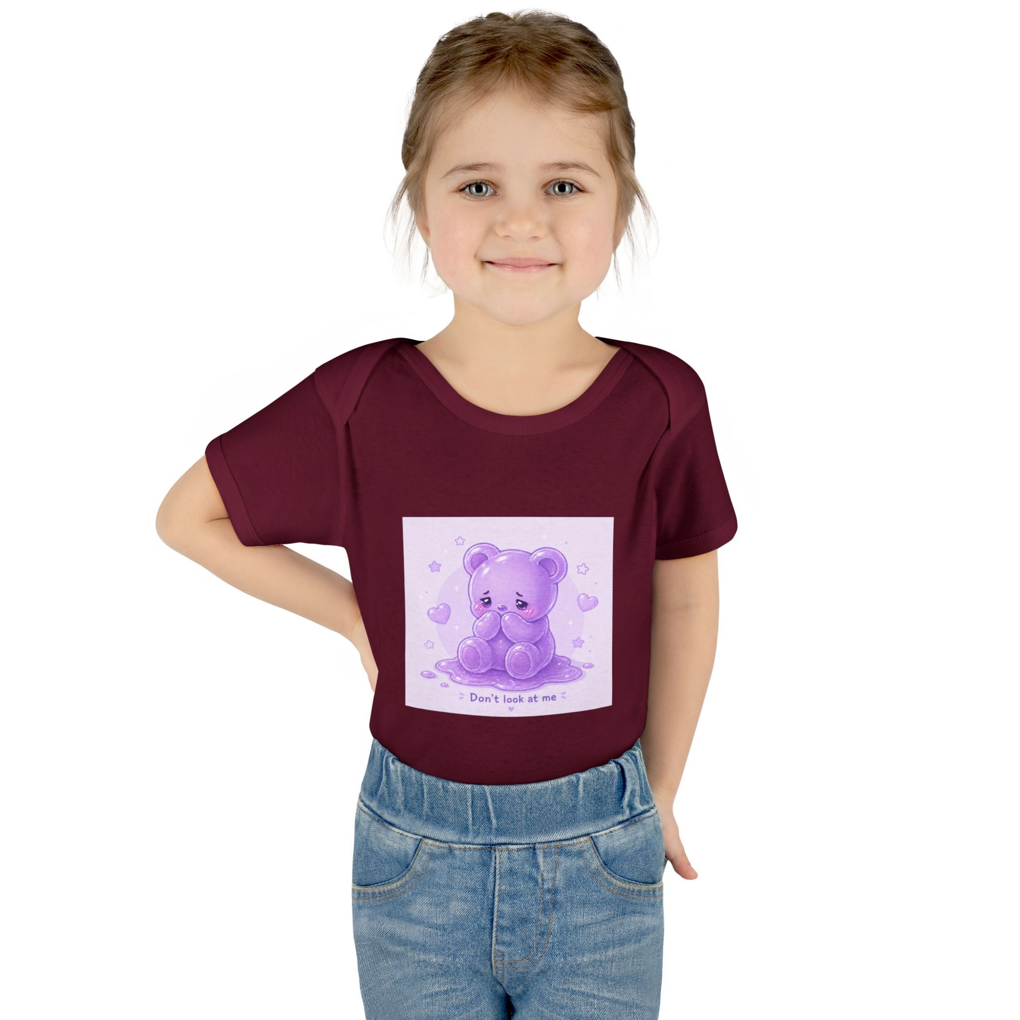 Purple Gooey Gummy Shy bear Baby Bodysuit - "Don't Look at Me" Cute Infant Onesie