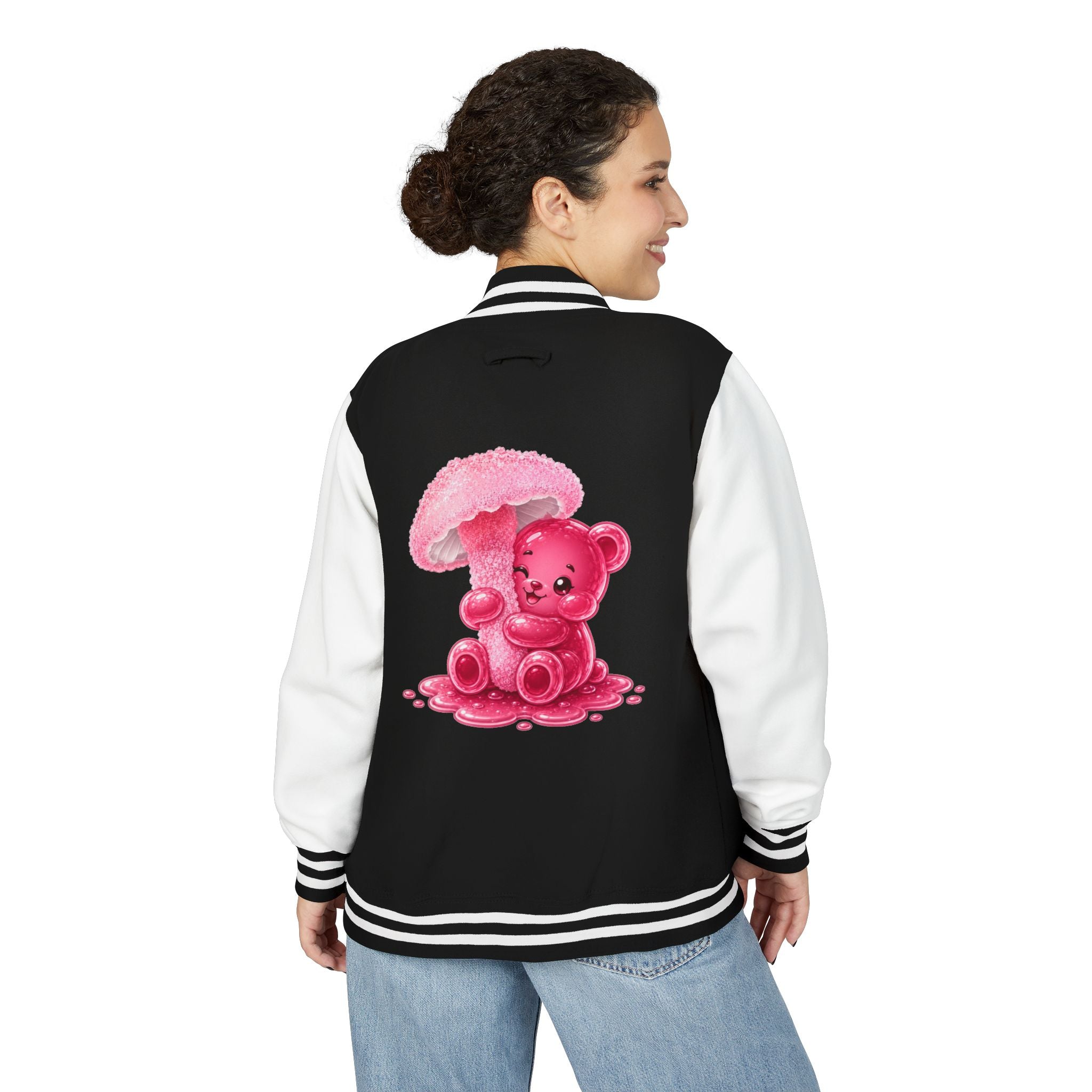 Pretty Pink Mushroom, Gooey Gummy Bear Friend —  Kawaii Graphic Varsity Jacket