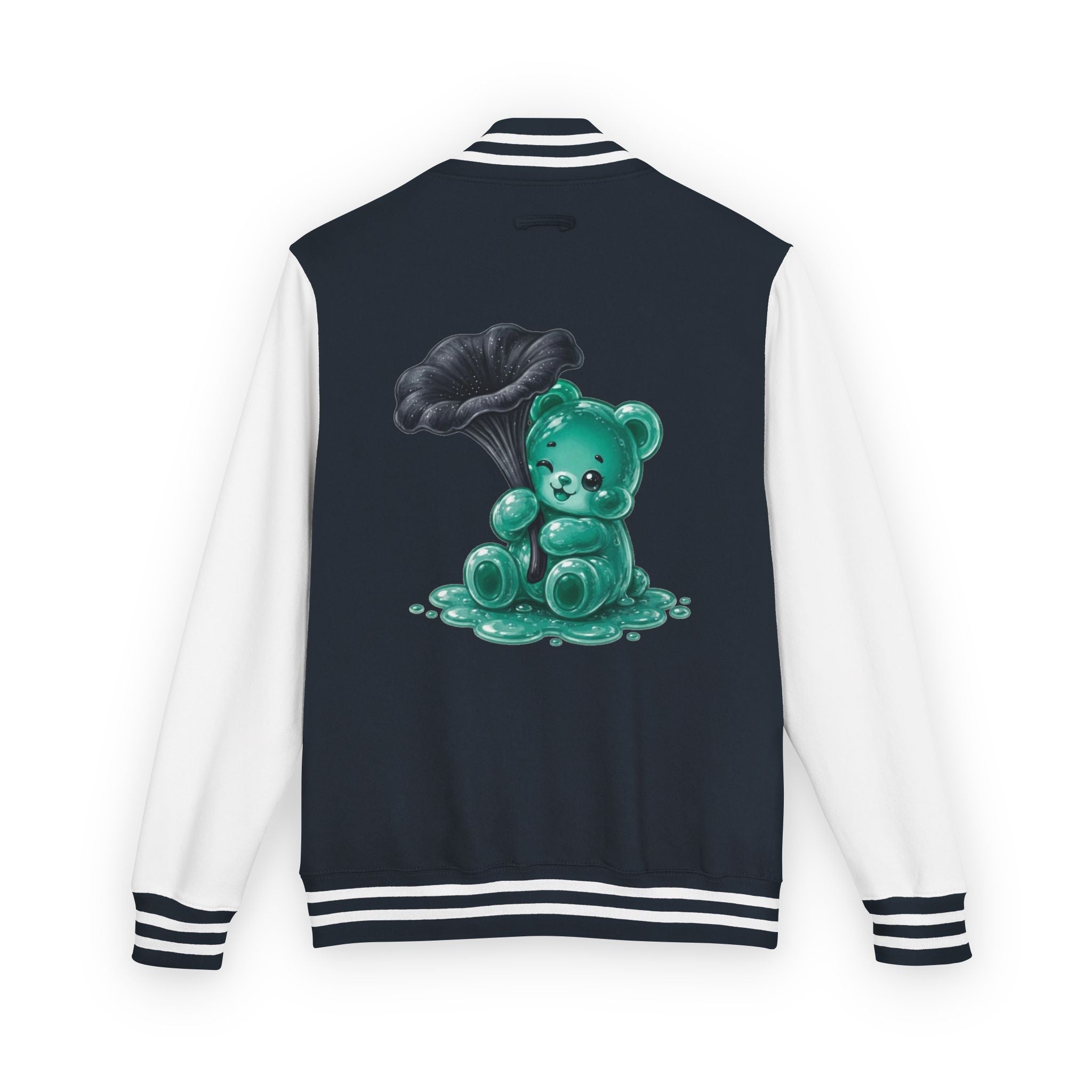 Black Trumpet Mushroom, Teal Oozy Bear Gummy Friend- Letterman Graphic Jacket