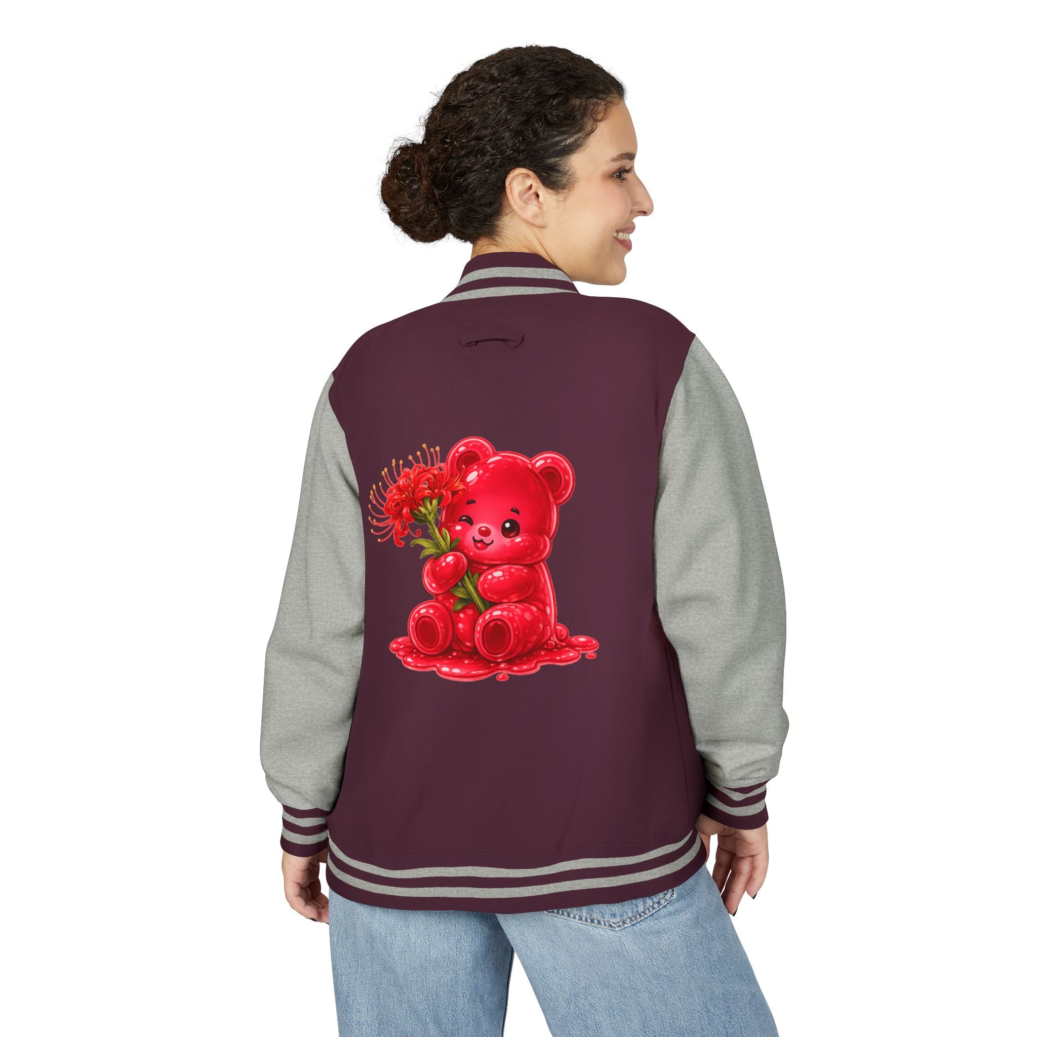 Red Spider Lily Bloom Special, Oozy Bear Gummy Flower Addition- Letterman Graphic Jacket