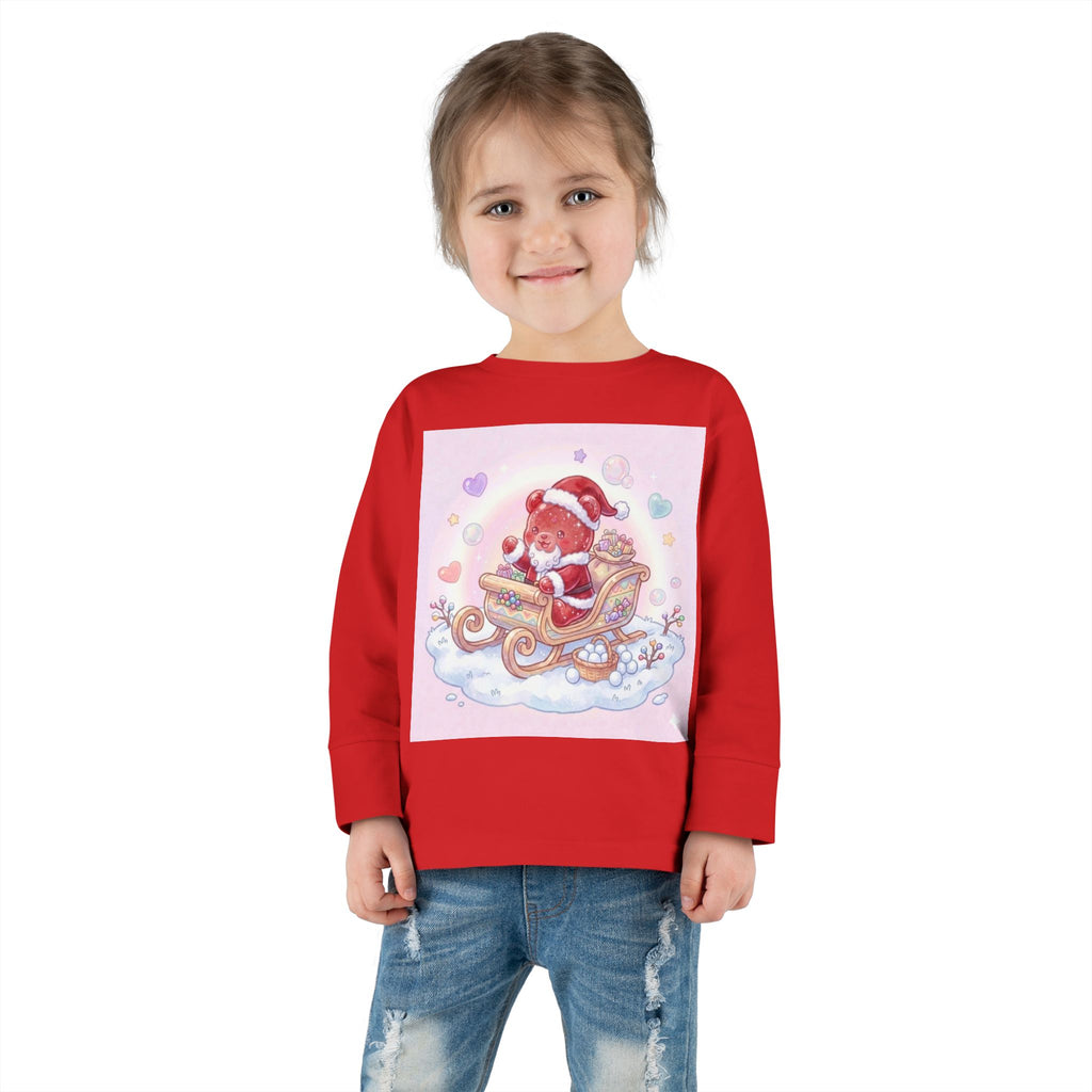 Cute Santa Oozy Bear in Sleigh Christmas- Graphic Long Sleeve Shirt