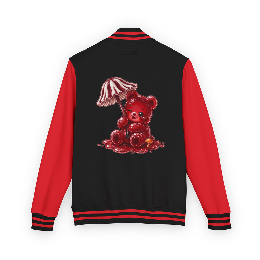 Red Stripped Mushroom Umbrella, Oozy Bear Gummy- Letterman Graphic Jacket