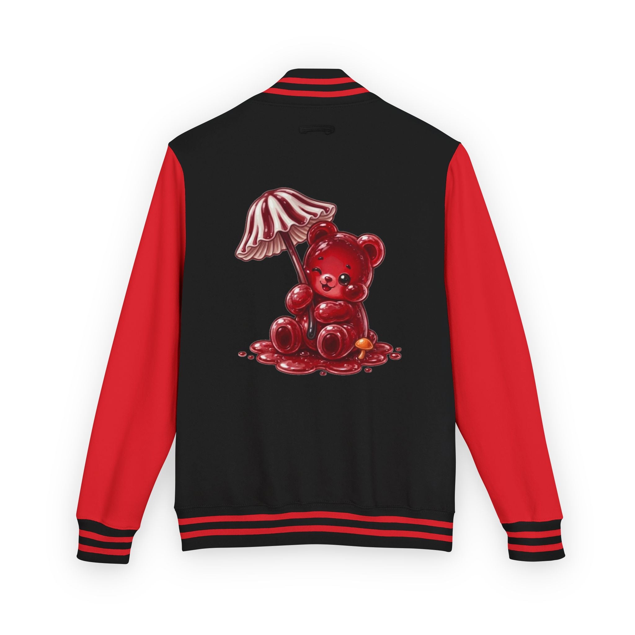Red Stripped Mushroom Umbrella, Oozy Bear Gummy- Letterman Graphic Jacket