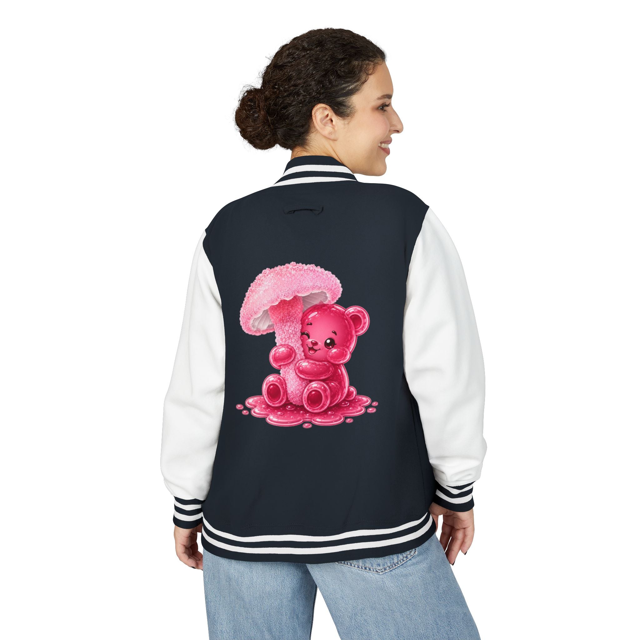 Pretty Pink Mushroom, Gooey Gummy Bear Friend —  Kawaii Graphic Varsity Jacket