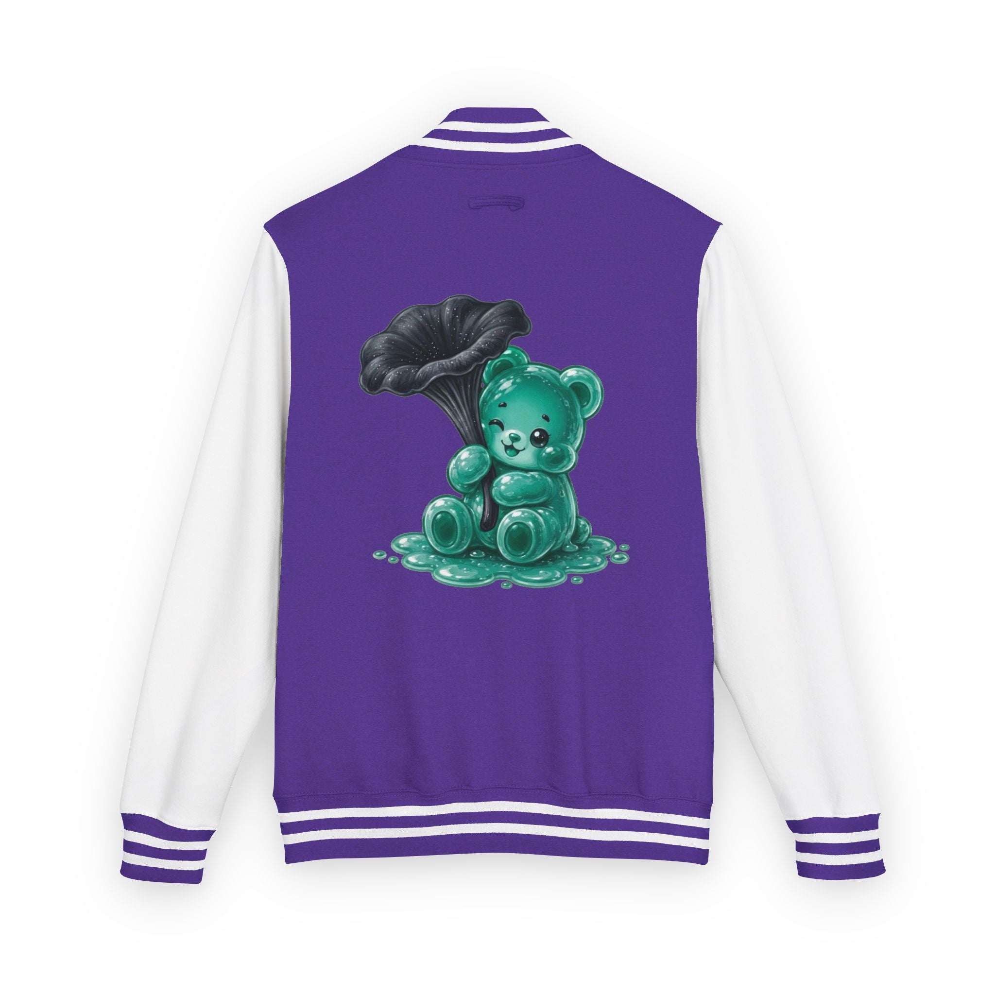 Black Trumpet Mushroom, Teal Oozy Bear Gummy Friend- Letterman Graphic Jacket