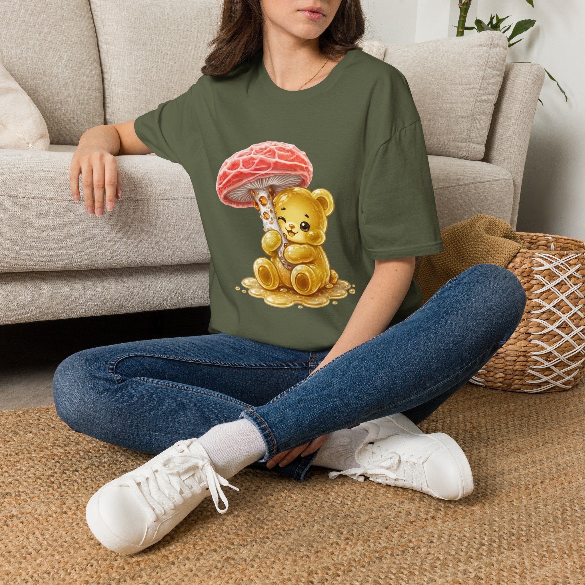 Sticky Strange Orange Mushroom, Yellow Oozy Bear Gummy- Graphic shirt