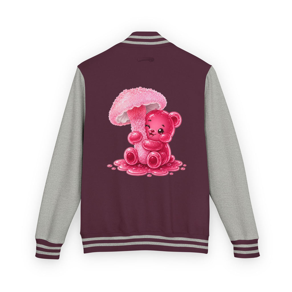 Pretty Pink Mushroom, Gooey Gummy Bear Friend —  Kawaii Graphic Varsity Jacket