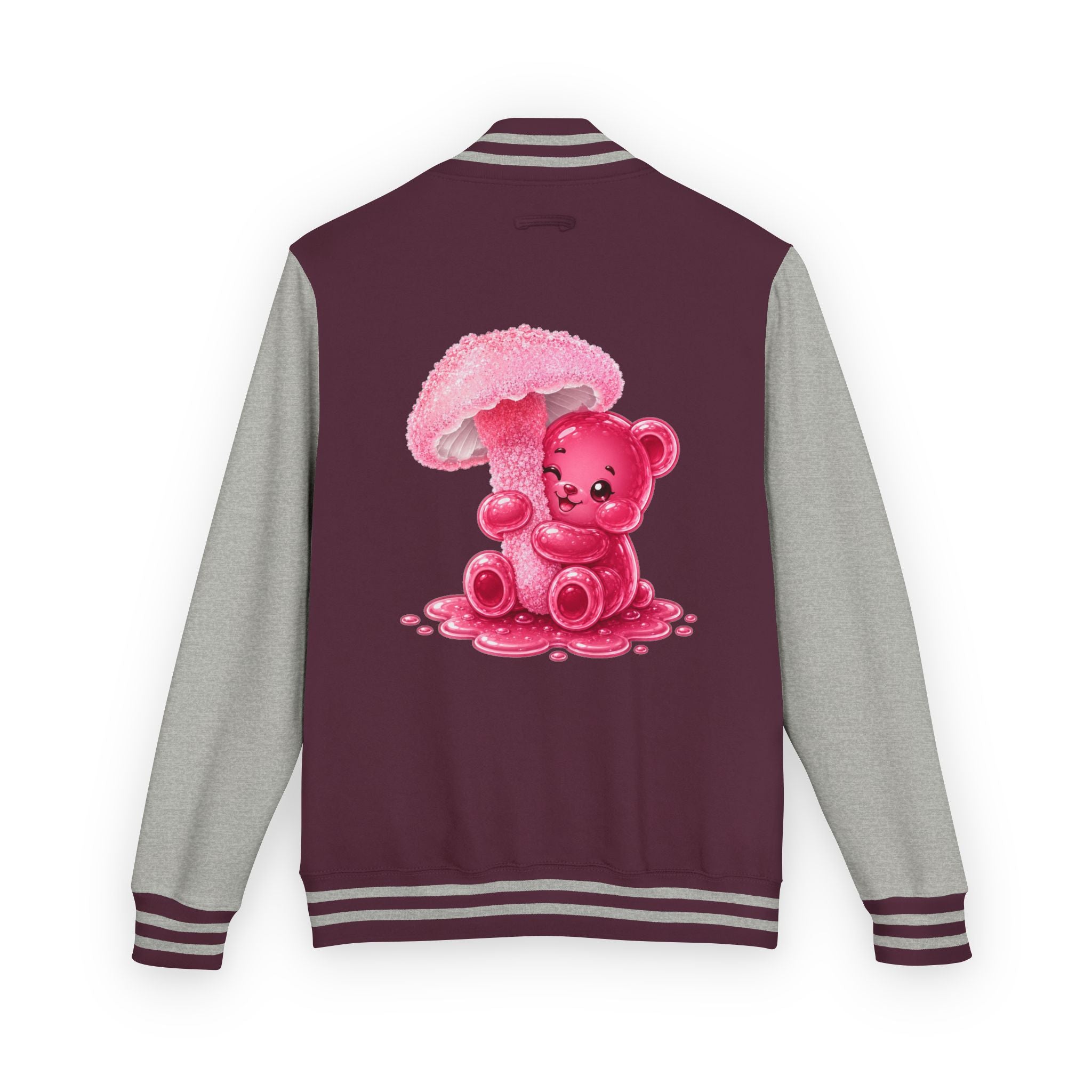 Pretty Pink Mushroom, Gooey Gummy Bear Friend —  Kawaii Graphic Varsity Jacket